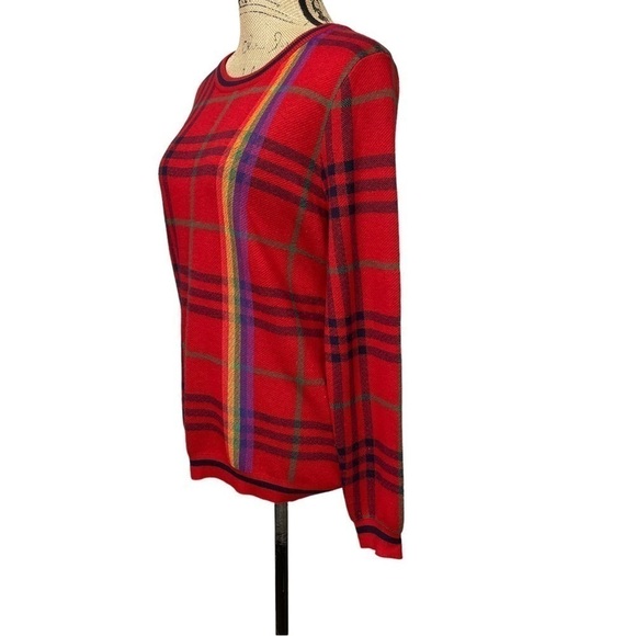 VINTAGE Scottish Plaid Wool Blend Red Sweater with Rainbow Stripe Size Small - Picture 2 of 7
